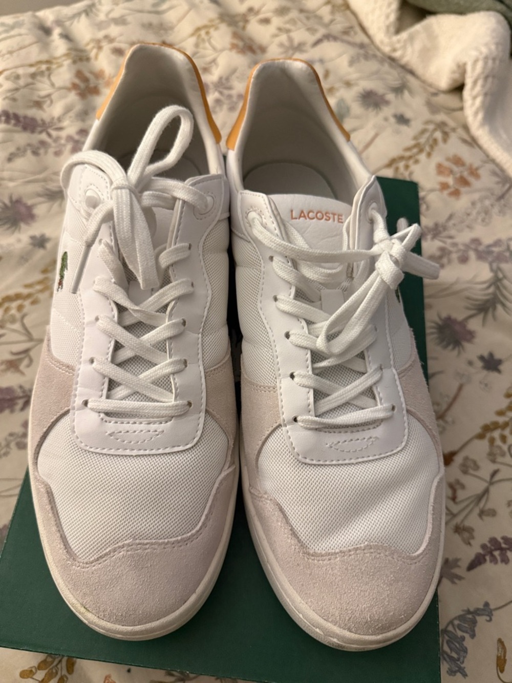 Lacoste White Sneakers with Beige Suede and Yellow Heel Tab